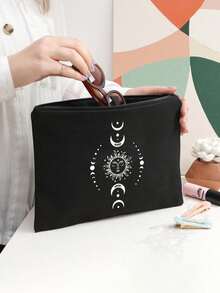 太阳、月亮和星星印花帆布单肩包、白色图案、黑色背心手提包和黑色小包、小化妆包、零钱包、储物袋、情人节礼物、伴娘个性化婚礼礼品袋、化妆包、简易旅行储物袋