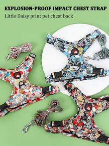 1pc Daisy Flower Print Pet Harness Set, Daisy Flower Print Pattern, Summer Breathable Mesh Material With Reflective Stripe, Adjustable Non-Choke Cat/Dog Harness And Leash Set, Suitable For Small/Medium Pets