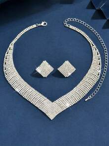 新娘全套水钻项链和耳环套装，夸张优雅简约项链，百搭正装 - 銀白色 - 查看 3