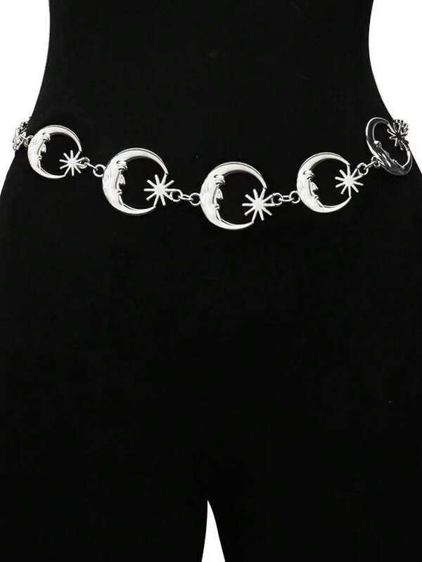 1pc Women's Fashion Metallic Waist Chain, Versatile Moon Decor Waist Belt, Multi-Layer Metal Waist Band