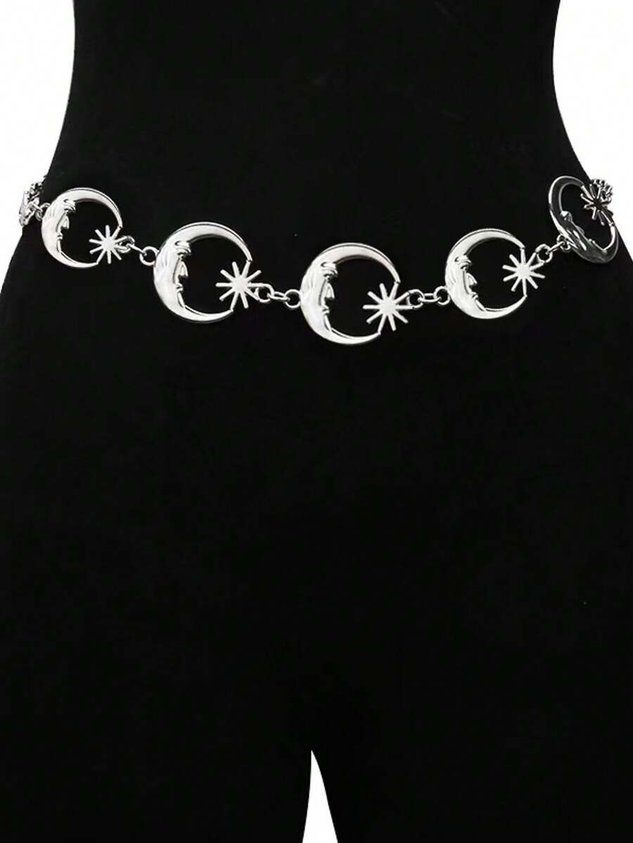 1 chiếc dây thắt lưng kim loại thời trang dành cho nữ, thắt lưng trang trí hình mặt trăng đa năng, dây thắt lưng kim loại nhiều lớp - Bạc - Xem 1