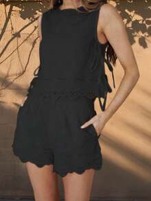 Women Tie Side Tank Top Shorts 2 Piece Outfits Set Sleeveless Floral Embroidered Crop Cami Top Shorts Pajamas Set - 黑色 - 查看 5