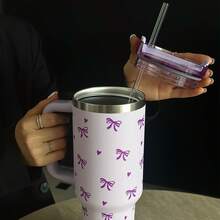 1 件 40 盎司不锈钢隔热旅行杯，带手柄和吸管 - 咖啡杯、汽车杯、心形和蝴蝶结设计防漏杯，适用于热饮/冷饮，柔和的色彩，非常适合健身房、办公室、旅行，是送给女性和青少年的礼物，咖啡旅行杯，有趣的设计 - 彩色 - 查看 5