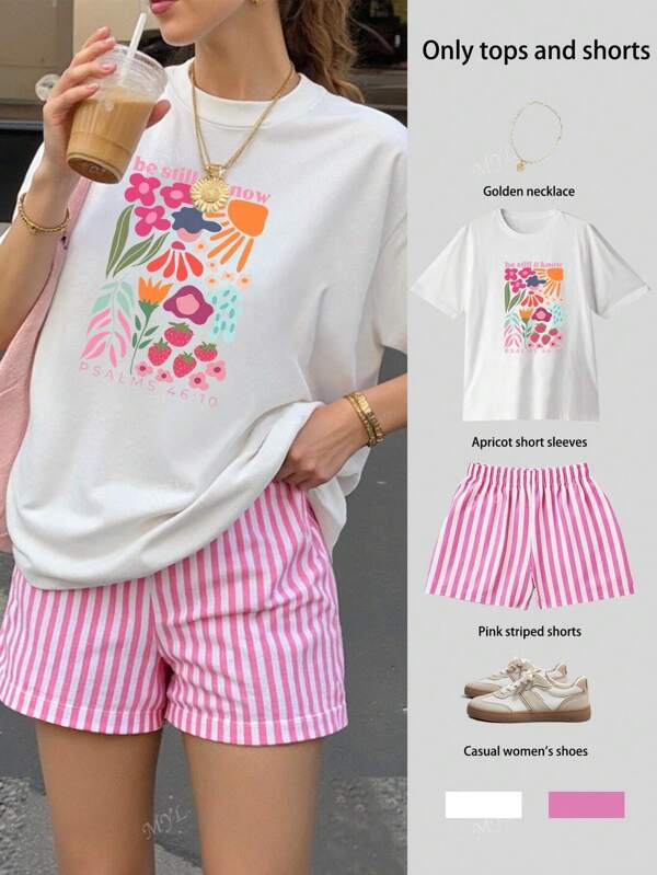 Conjunto de camiseta oversize de manga corta con estampado "Be Still & Know" y pantalones cortos a rayas para mujer, top de verano, camisa de verano, vestimenta casual para mujer