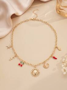 1 pieza Collar de estilo ecléctico, con cadena dorada, dijes de estrella de mar, caballito de mar y chile dulce, con vibra de vacaciones de verano, moda personalizada dulce y retro, artículo de regalo único para outfit de playa