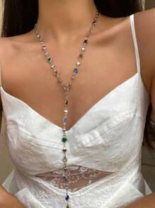 1pc New Bohemian/Golden/Silver Beaded Y-Necklace, Suitable For Party, Banquet, Vacation, Summer, Beach, Random Colored Rhinestones