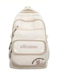 Casual Large Capacity Zipper Letter Cat Multi-Pocket Backpack, Unisex College Style Student Schoolbag Suitable For School, Shopping, Travel