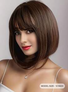12 Inch Heat-Resistant Deep Brown Bob Wig, With Bangs, Straight Hair, Easy To Style, Suitable For All Occasions For Women