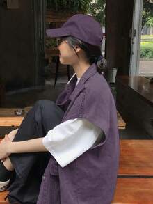 女款寬鬆版型牛仔背心，附翻蓋口袋（不含內搭衣物），休閒夏季款 - 紫色 - 查看 3