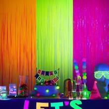 Glow In The Dark Party Supplies, 3Pcs Neon Party Decorations 9.9 X 6.6 Ft Fluorescent Macaron Orange, Yellow And Fuchsia Tinsel Foil Fringe Curtains, Glow Photo Booth Prop Backdrop Streamer