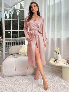 Thin And Sexy Summer Sexy Imitation Silk Nightgown For Women, Long Sleeved, Medium To Long Lace Up Bathrobe, Morning Gown, Fashionable And Comfortable Casual Home Wear For Women - 粉色 - 查看 3
