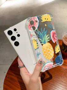 1 pieza Funda de teléfono suave, transparente, antideslizante y a prueba de caídas con elemento de fruta: piña, sandía, hoja y flor compatible con Samsung