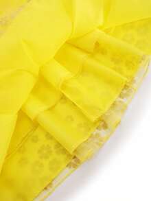 Young Girls Yellow Dress With Long Shawl Puff Skirt, Gold Flower Decor Party Dress, Suitable For Outings, Gatherings, Birthday Parties, Stage Performances And Other Major Events