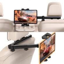 Support rotatif noir pour téléphone portable et ordinateur | Distance entre l'appui-tête : 35 – 190 mm / Distance entre le support plat : 120 – 230 mm | Support universel robuste pour deux appareils