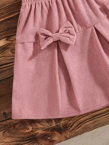 2pcs/Set New Girls' Lantern Sleeve Round Neck Pullover Heart Pattern Top + Bow Pink Skirt Set, Spring/Autumn Outdoor Sweet & Cute T-Shirt And Skirt Outfit - White - View 8
