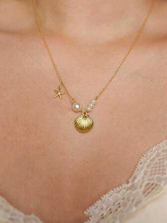 1pc Fashion Stainless Steel Faux Pearl Starfish Shell Pendant Necklace Summer Beach Daily Wear And Gift