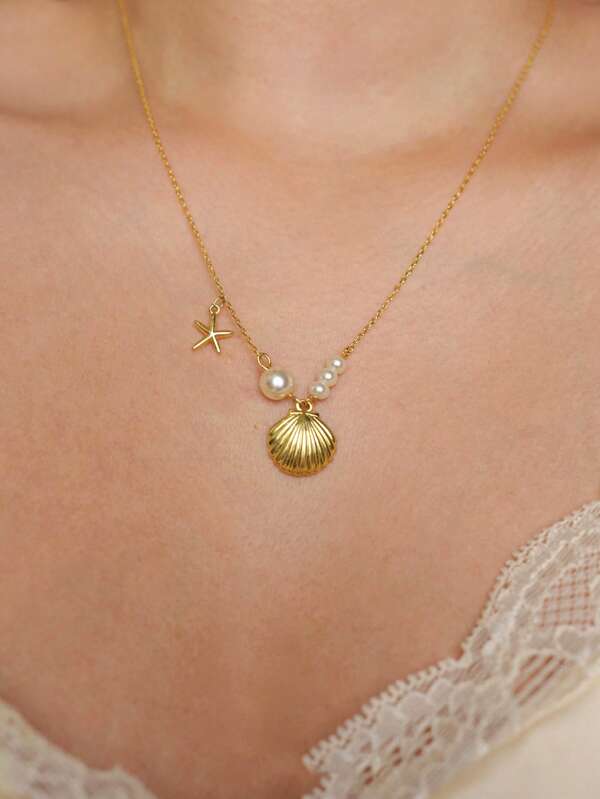 1pc Fashion Stainless Steel Faux Pearl Starfish Shell Pendant Necklace Summer Beach Daily Wear And Gift
