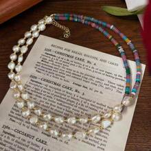 Boho Vacation Style Natural Cultured Baroque Pearl & Colorful Disc Beads Necklace, Suitable For Daily Wear For Women