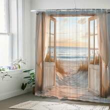 1pc Artistic Wooden Door Pattern Shower Curtain, With 12 Hooks - Waterproof, Machine Washable, Suitable For Home, Hotel Or Room Decoration Back To School