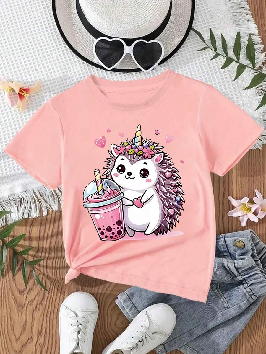 女童卡通珍珠奶茶刺猬印花圆领短袖T恤，春夏休闲童装 - 粉色 - 查看 1