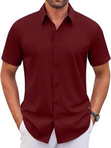 Men's Stretch Dress Shirts Short Sleeve Wrinkle Free Casual Button Down Shirts-20256688 - Burgundy - View 1
