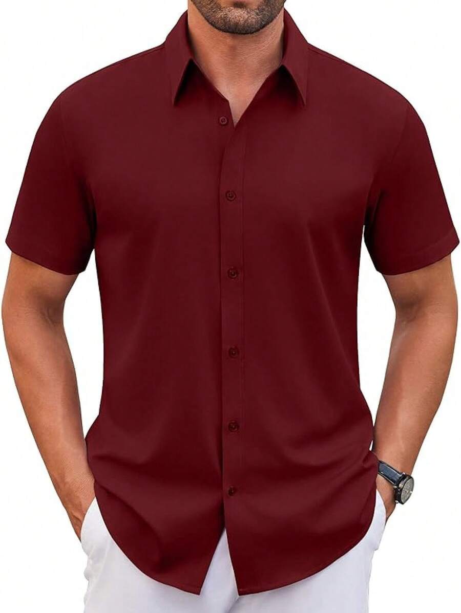Men's Stretch Dress Shirts Short Sleeve Wrinkle Free Casual Button Down Shirts-20256688 - Burgundy - View 1
