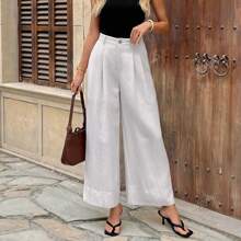 Solid Color Pocket Zipper Button Front Pleat Back Pockets Oversized Leg Pants