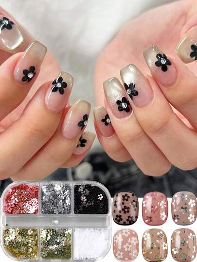 Small Flower Nail Art Sequins Black White With Hole Plum Glitter Sequins Assorted Pastel Colors With Golden Pink Floral Designs For Nail Art DIY Handmade Nail Art Accessories Nails