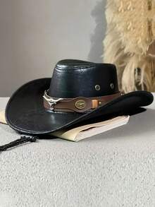 1pc Women's Denim Hat, Fashion Leather Heart-Shaped Crown Rolled Brim Cowboy Hat, Unique Outdoor Travel Party Performance Cap, Paired With Wide Belt & Bull Head Metal Belt Decor, Unisex Versatile Style - Brown - View 9