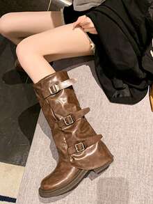 Fall/Winter Multiple Strap Buckle Over-The-Knee Boots Women, Soft Leather Retro Brown Western Cowboy Boots, Chunky Heel High Shaft Riding Boots, Petite British Style High Heeled Slim Boots - Brown - View 5