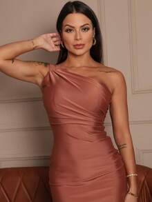 Pradaa Premium Mesh Blogger Women's Dress With Slit Midi Perfect For Casual Party Soft Zero Transparency - Đồng - Xem 3