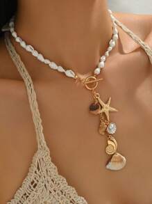 1pc Bohemian Island Style Natural Seashell Beaded Necklace With OT Clasp, Matching Natural Seashell & Starfish, Jewelry For Women, Suitable For Daily Wear, Date, Dinner, Beach Vacation