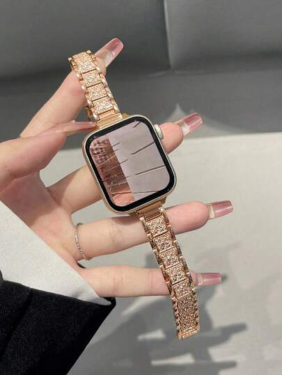 1PC Women Luxury Rose Gold Rhinestone Stainless Steel Wrist Strap For Apple Watch Ultra Band 49mm 46mm 45mm 44mm 38mm 40mm 41mm 42mm Fashion Exquisite Metal Chain Bracelet Belt For Apples Watches Watchband For IwatchSeries 10 9 8 7 SE 6 5 4 3 2 1