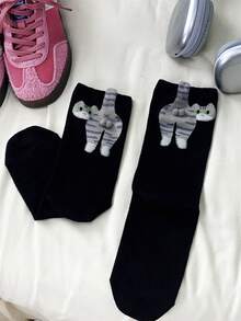 半双趣味猫球绒球中筒袜，春夏秋季舒适袜子 - 彩色 - 查看 8