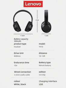 Lenovo Lenovo TH10 Bluetooth Headphones, Passive Noise-Proof, Hi-Fi Bass, Stereo Sound Quality, Suitable For Gaming, Sports, Calls, Compatible With Computers And Phones, Wired & Wireless Dual Mode