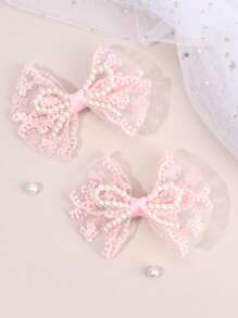2 piezas/4 piezas Pinzas para el cabello con lazos de tul rosa y blanco para niñas, lazos de perlas artificiales, accesorios elegantes para el cabello para uso diario de adolescentes como regalo