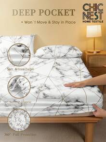 2/3pcs White Marble Geometric Pattern Bedding Set (1pc Fitted Sheet + 1/2pcs Pillowcase), Soft & Breathable, Fits Twin, Full, Queen, King Size Beds, Fitted Sheet Depth Up To 11.8 Inches, Home Textile - White - View 5