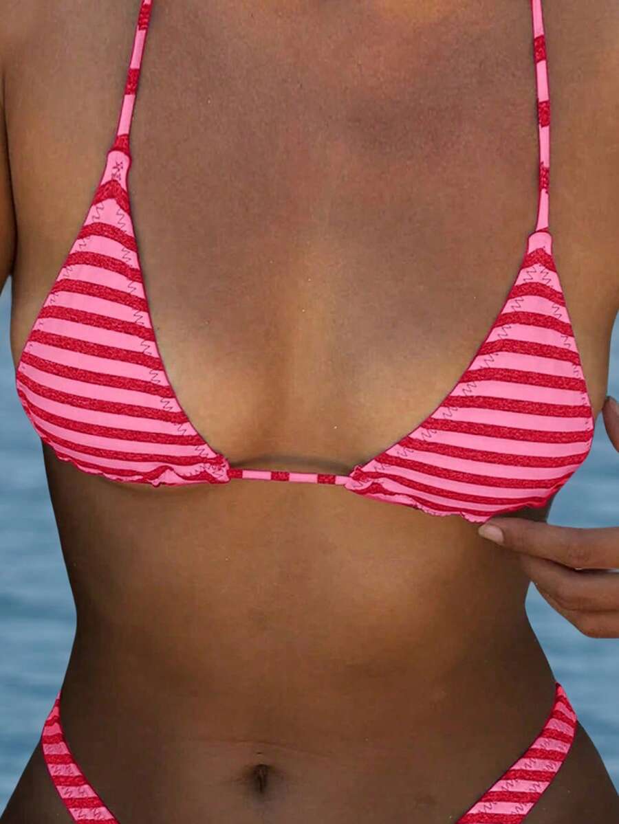 Women's Striped Bikini Top, Summer Vacation - Red - View 1