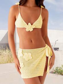 Conjunto de falda y top de mujer de ganchillo y punto, con tirantes finos, top tipo halter y minifalda, estilo Y2K con calado, conjunto de 2 piezas para cubrir, ropa de playa para vacaciones - amarillo claro - Ver 3