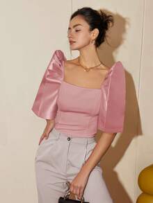 Women's Spring/Autumn Solid Color Petal Sleeve Stand Collar Square Neck Elegant Blouse Short Top - Berwarna merah muda - View 4
