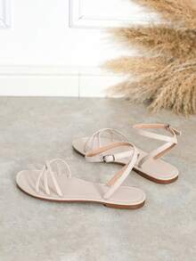 Sandálias femininas rasteiras de metal com várias tiras e tiras vazadas, sandálias romanas rasteiras versáteis e confortáveis - Damasco - Ver 2