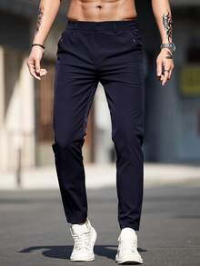 Men's Solid Color Pockets Casual Commute Tapered Pants - Royal Blue - View 2