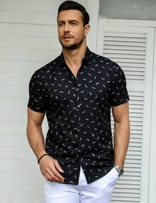 Men's Muscle Dress Shirts Slim Fit Stretch Short Sleeve Casual Button Down Shirts For Menhalloween - Hoa - Đen - Xem 6