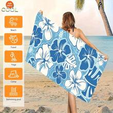1pc Blue & White Floral Beach Towel - Tropical Hibiscus Prints - 30*60inch, Lightweight & Absorbent, Perfect For Swimming, Gym, Yoga - Ideal Travel Companion - 白色 - 查看 6