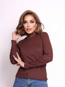 Kit 2 Blusas Feminina Gola Alta Manga Longa e Manga Curta Moda Elegante Ribana - Marrom - Visão 3