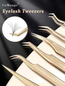 CoMango 1 件睫毛延长镊子 6 种假睫毛金色不锈钢超硬镊子带纤维尖头高精度防静电镊子