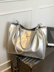 Large Capacity Casual Patchwork Tote Bag, Bow & Metal Decor, Adjustable Shoulder Strap, Versatile Commuting Handbag For Women - Silver - View 5
