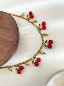 1pc New Fashionable & Elegant Minimalist Stainless Steel Cherry Pendant Necklace For Women