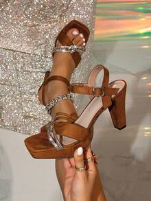 Women's Square Toe High Heel Waterproof Platform Sandals, Dignified Brown Color Non-Tiring Work Shoes, Metal Buckle Embellished Thick Heel Summer Sandals, Fashionable Party Shoes - Brown - View 1