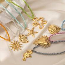 1pc Fashion Minimalist Vacation Style Colorful String Woven Stainless Steel Shell, Starfish, Sun, Heart, Flower Pendant Necklace, Suitable For Women Casual/Holiday Wear